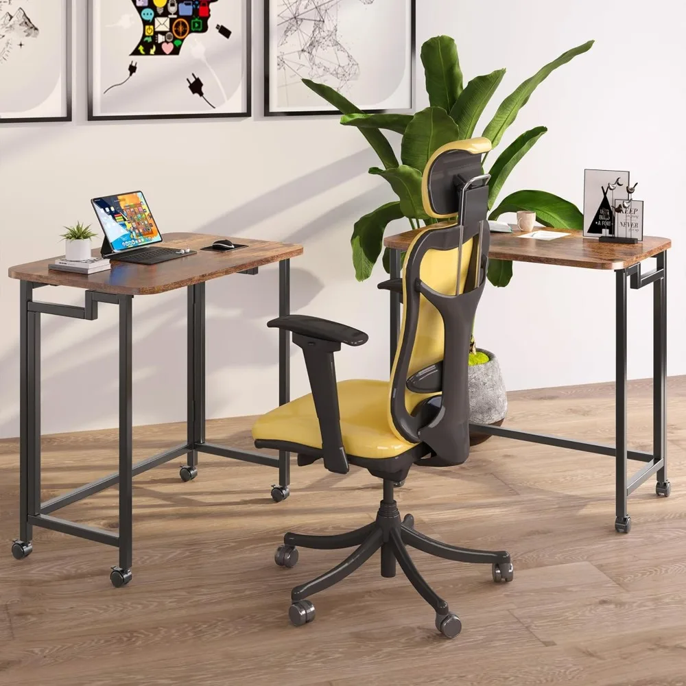 Folding Laptop Desk with Wheels, Modern Industrial Style, Home Office Writing Table, Rustic Brown, 23.6 Inches