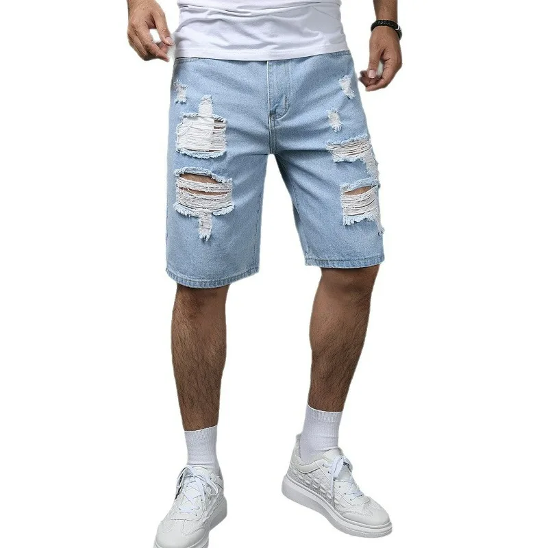 KIDWHXR Men's Summer Denim Shorts Light Blue Washed Hole Man Knee-length Pant Streetwear Thin Loose Straight Male Shorts