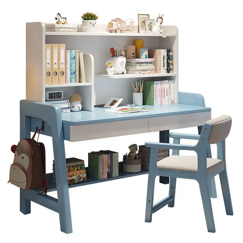 Solid wood children's desk bookshelf integrated lifting study table household bedroom primary and secondary school students read