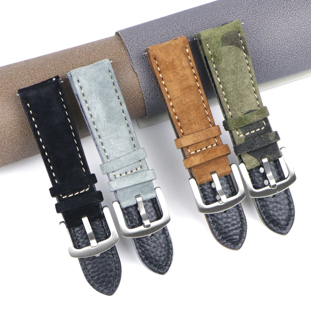 Vintage Suede Leather Watch Strap 18mm 19mm 20mm 22mm Handmade Watchband Grey Brown Replacement Belts Watch Accessories For Men