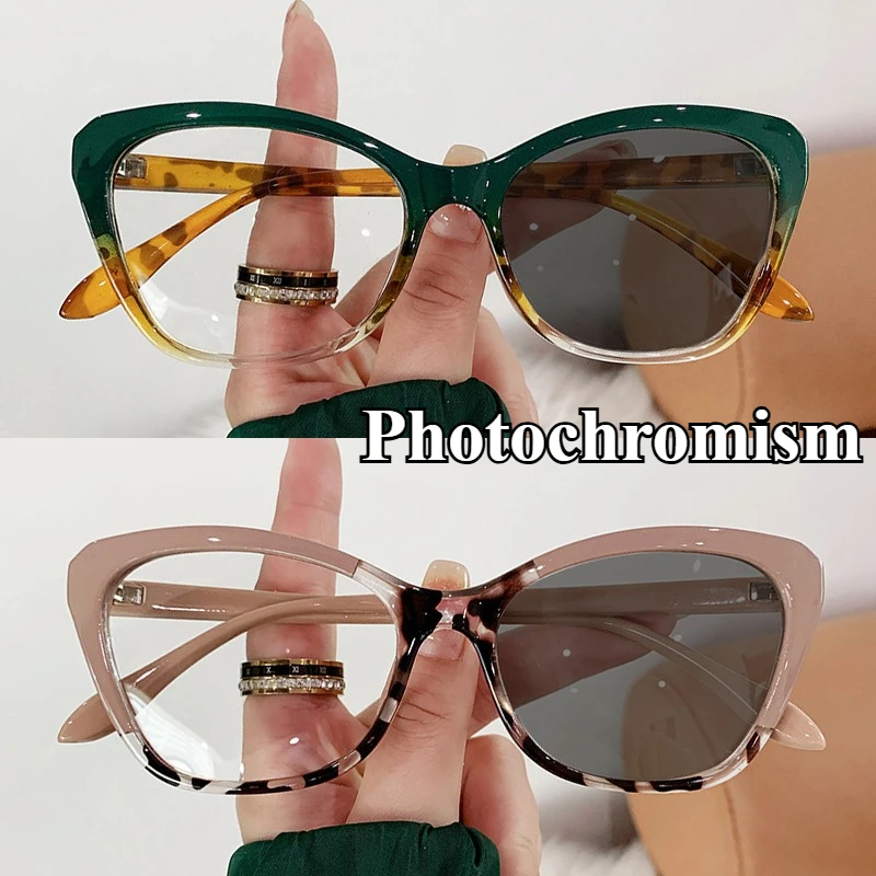 نظارات فوتوكروميك خفيفة للغاية للنساء، عيون قطة، عدسة مسطحة عالية الوضوح، إطار نظارة شخصي جديد