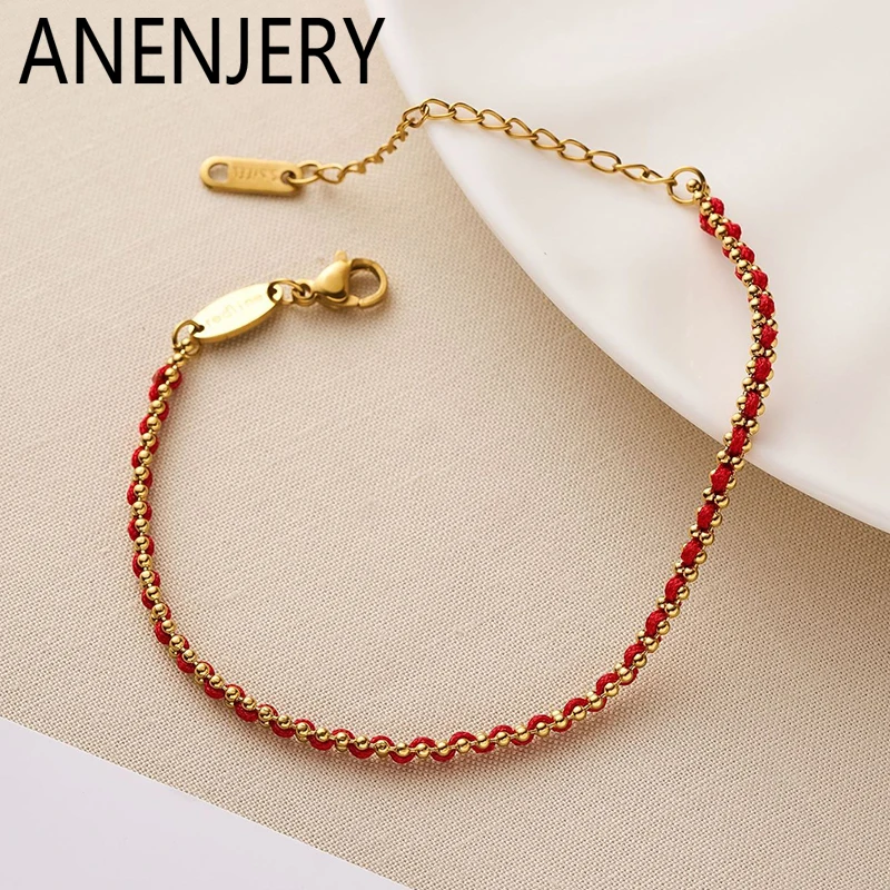 ANENJERY 316L Stainless Steel Black Red Line Gold Color Bracelet for Women Men Fashion Simple Hot Jewelry Gifts Wholesale