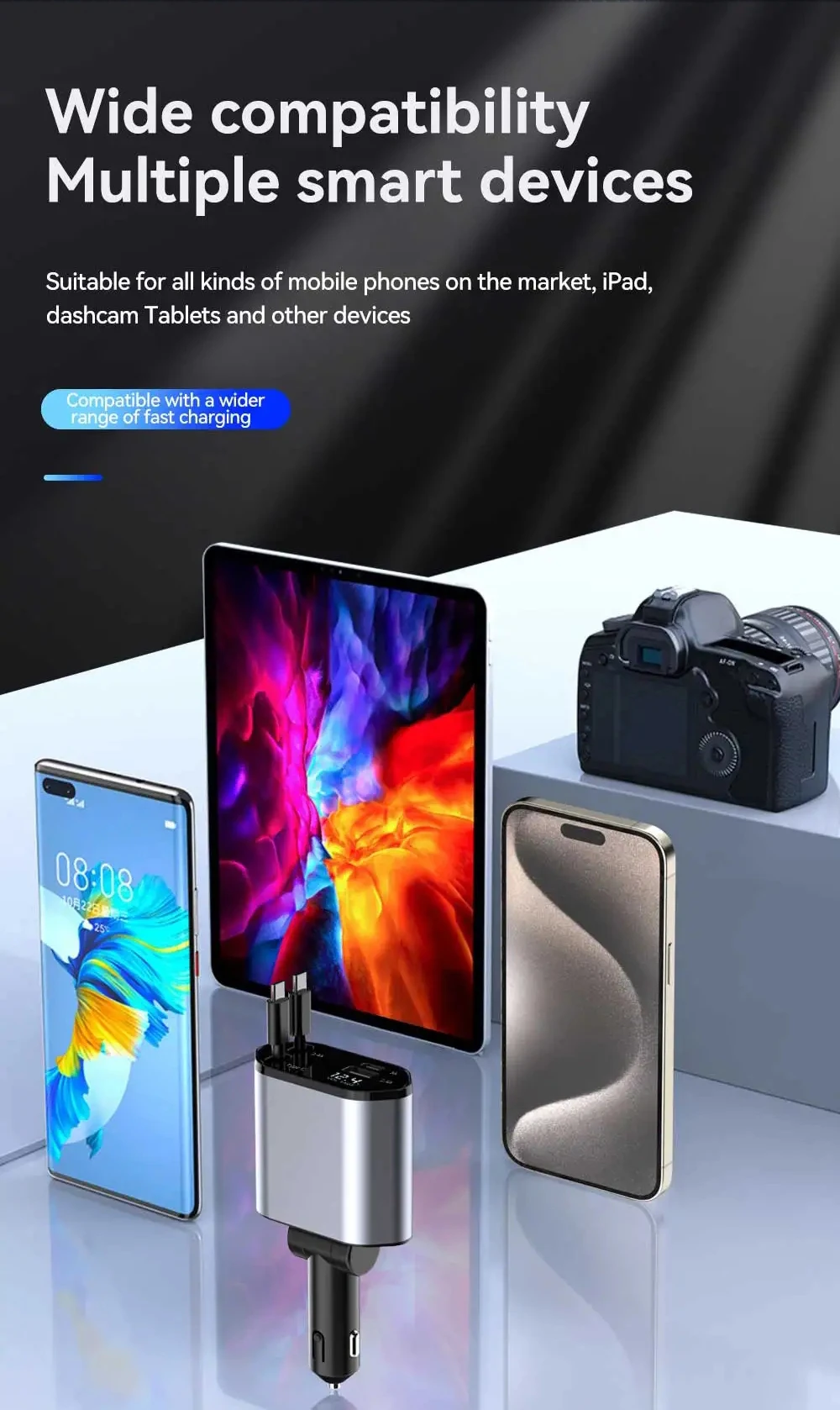 4-in-1 Einziehbares Auto-Ladegerät 120W USB-C Auto-Ladeadapter mit 2 USB-Anschlüssen für iPhone 16 15 Samsung – Detail 12