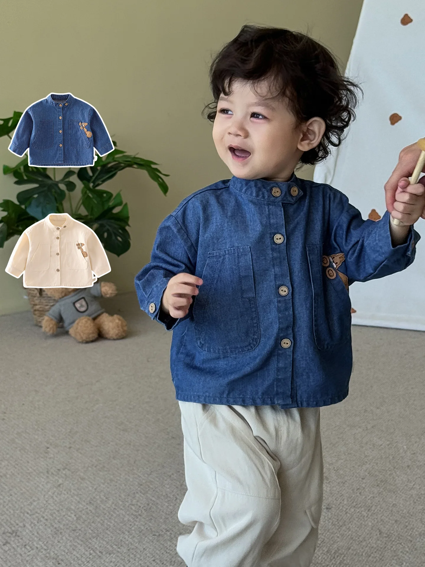 

Toddler Boy 0-5Y Baby Girls Clothes Cotton Denim Shirt Embroidered Squirrel Patch Stand Up Collar Casual Shirt Outfit for Boy