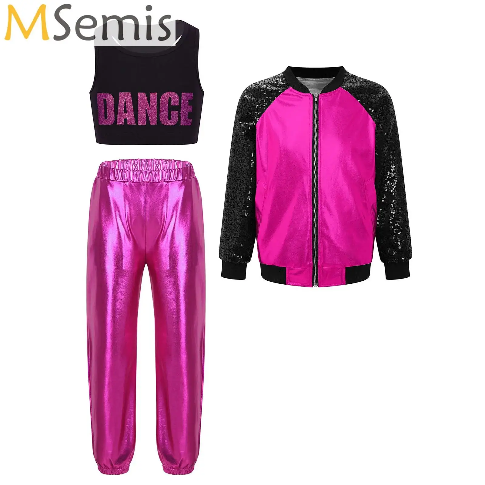 

Girls Hip Hop Girls Cool Streetwear Children Jazz Clothes Sets Kids Street Dance Costume Baseball Jacket Vest and Harem Pants