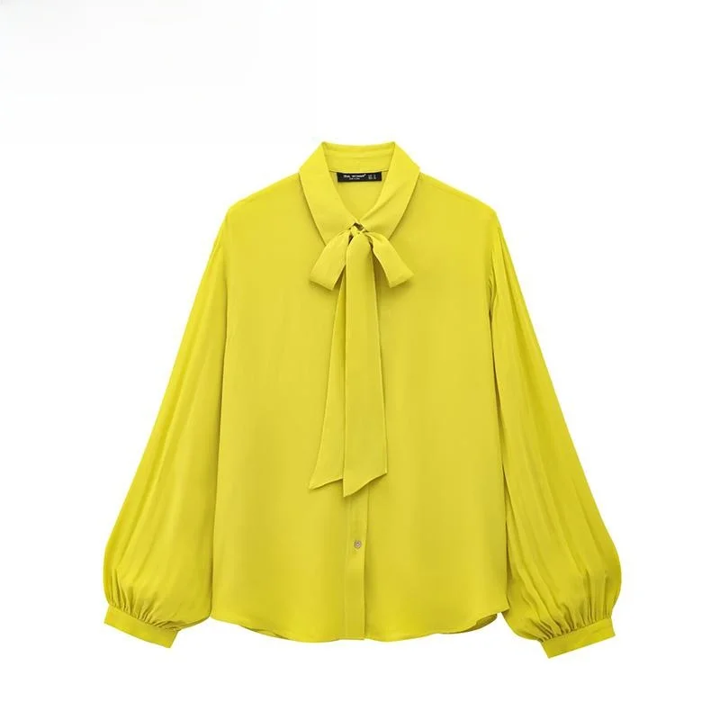 

ZBZA Spring New Women's Long Sve Turn-down Collar irt Knot Decorative Casual Sle Polyester Fiber Regular Length