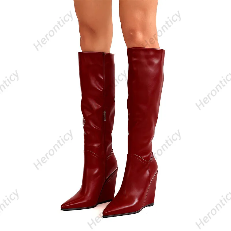 Heronticy Handmade Black Leather Over-the-Knee Boots - Wedge Heel & Luxury Fashion Style Ladies US Size 5-15