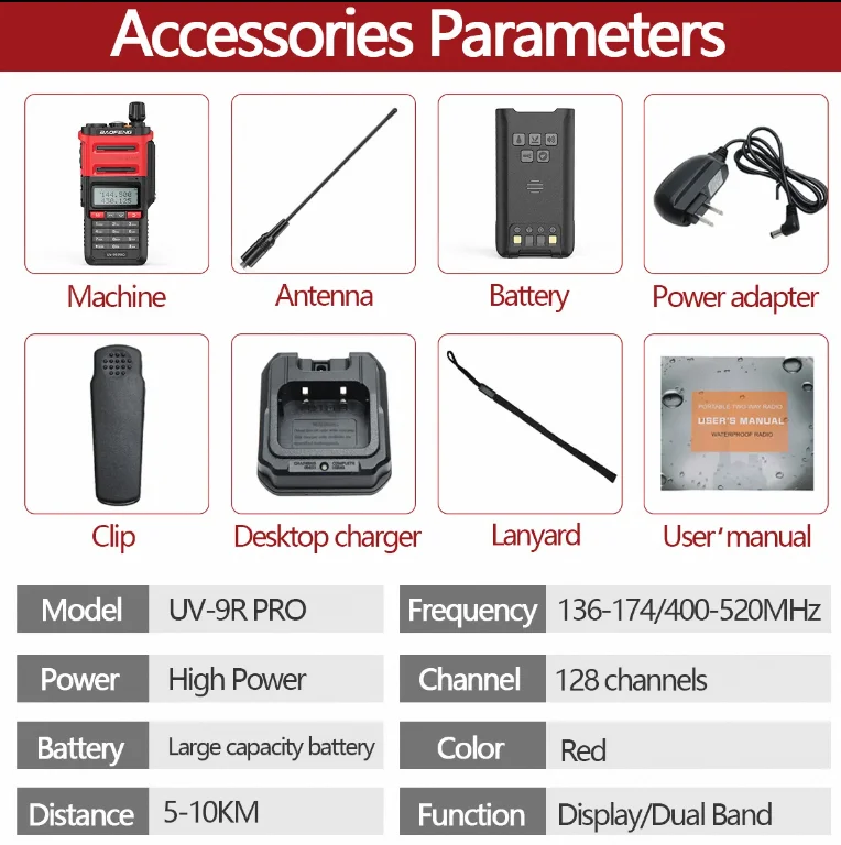 宝峰 防水インターコム UV-9R プロフェッショナル 双方向無線機 宝峰 UV-9R デュアルバンド 8ワット ハンディインターコム ブラック IPX7 8W