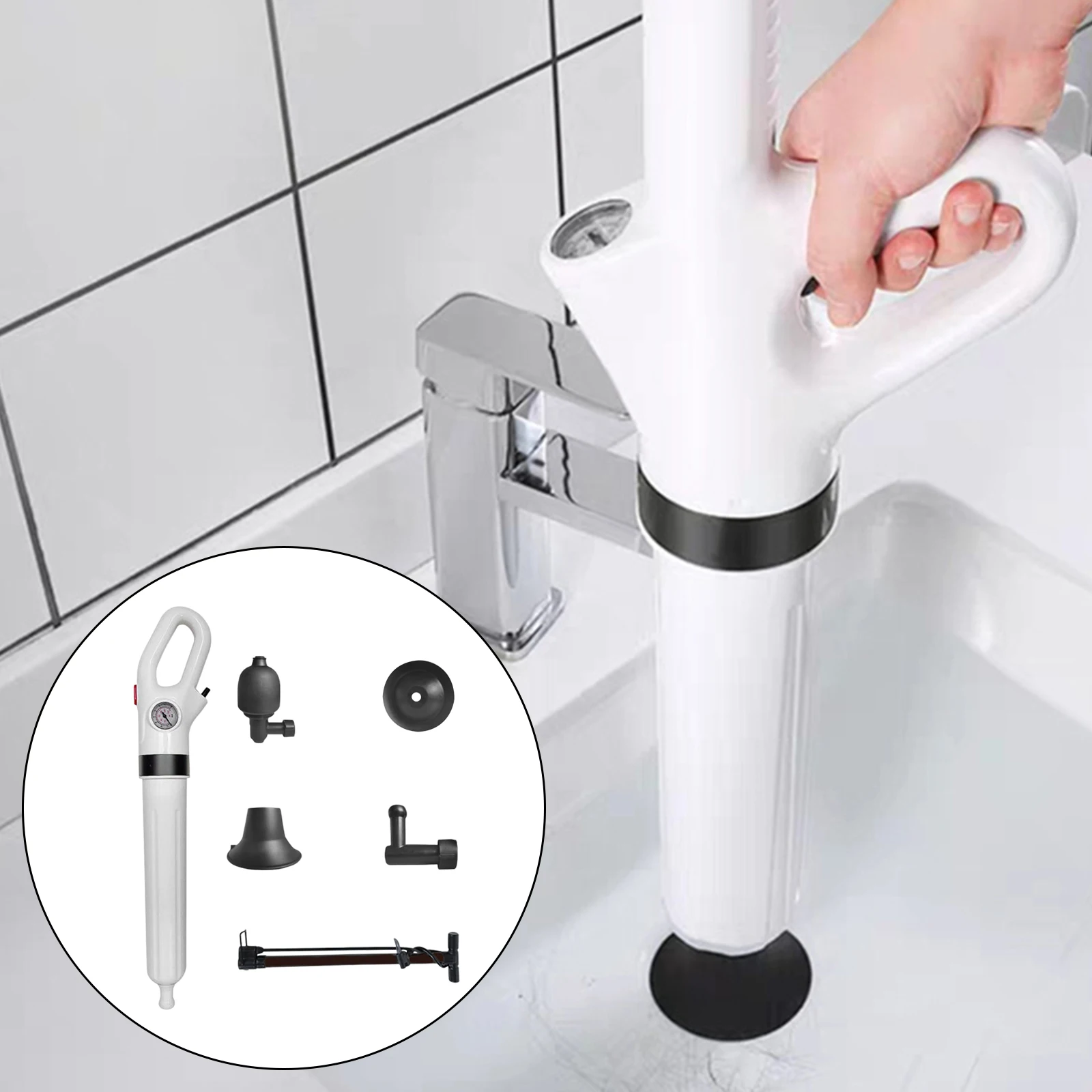 Toilet High Air Pressure Inflator Plunger Pump Kits Tool Pneumatic Dredger with 4 Heads Detachable Toilet plunger Clog Remover