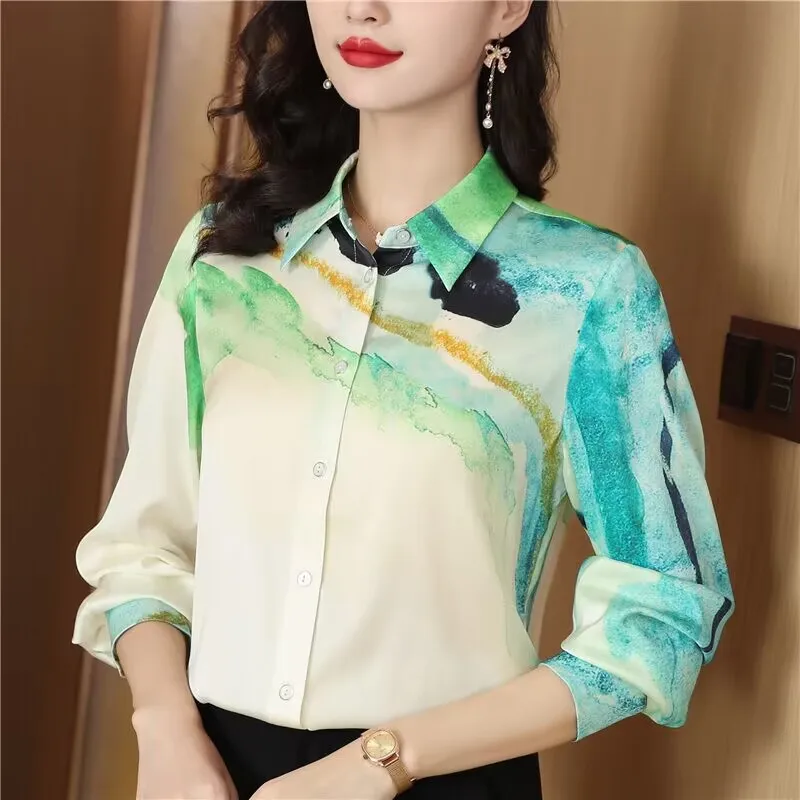 

Printed Silk Shirt Women Spring Autumn New High-End Turn-Down Collar Long Sleeve