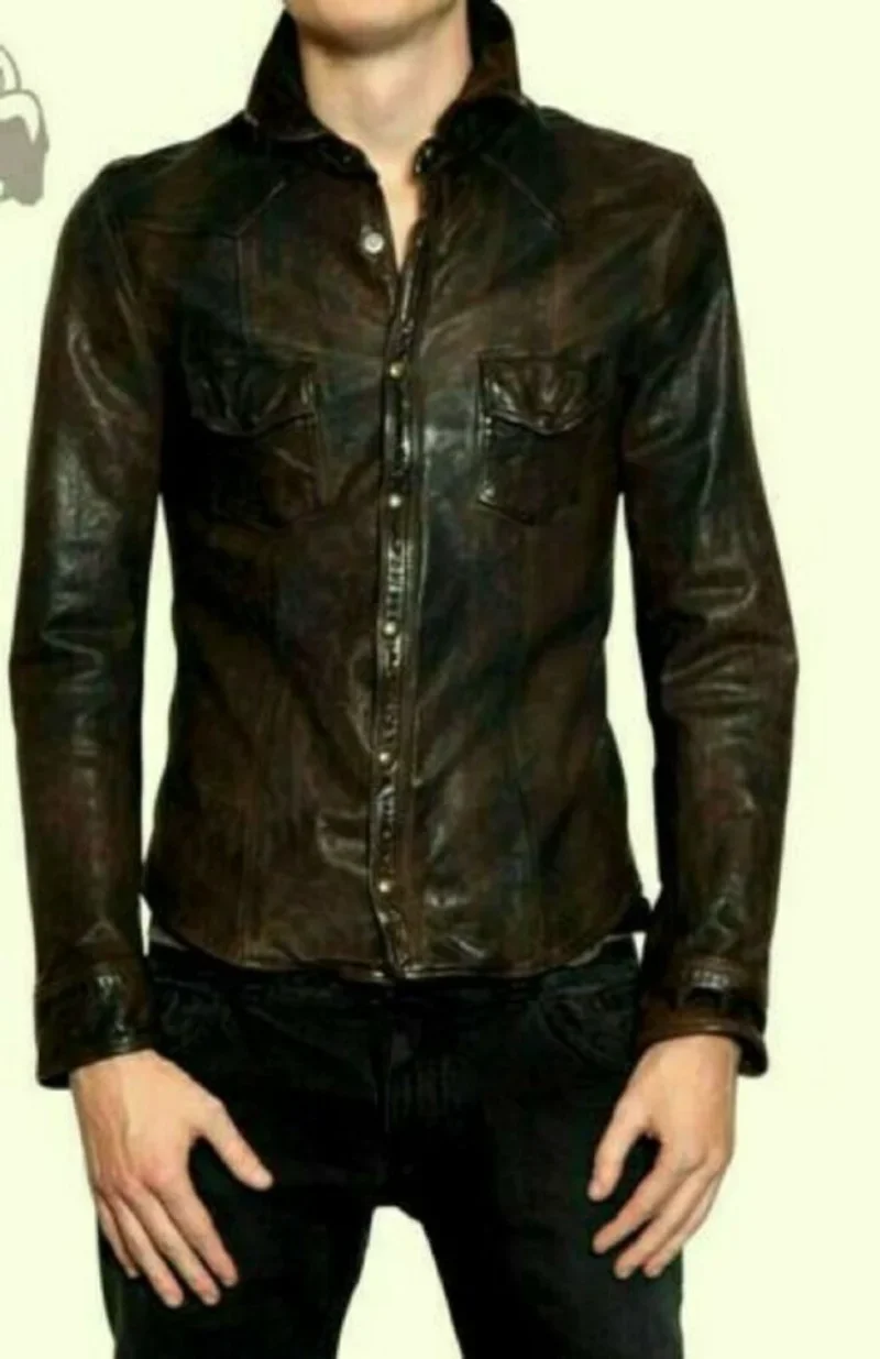 Men Black Leather Shirt Genuine Lambskin Slim Fit Stylish Biker Soft Shirt