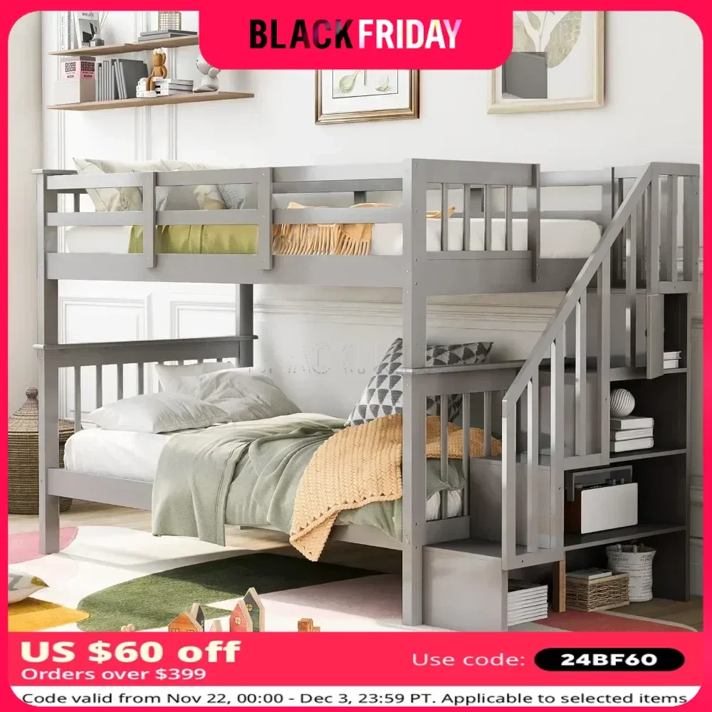 Twin Bunk Bed ,with Stairs, with Storage and Guard Rail for Bedroom, Dorm, for Kids, Teens, Adults ,Solid Wood Bunk Bed Frame