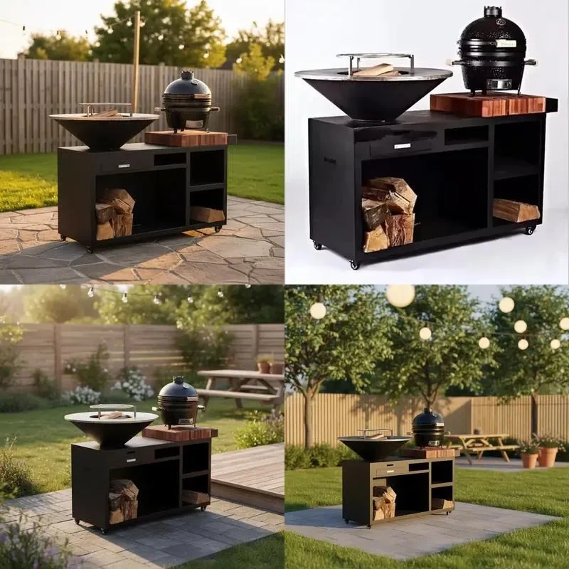 Weathering Steel Grill Table with Wheels
