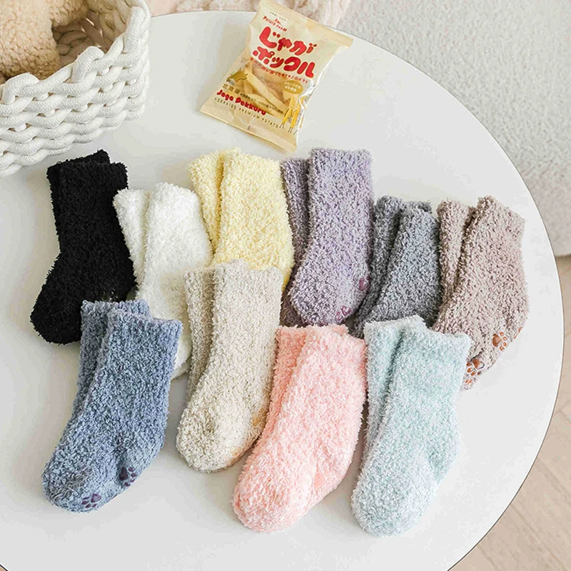 1 pair Infant Baby Winter Coral Velvet Warm Socks Non-slip Floor Socks Children's Socks Soft Autumn And Winter