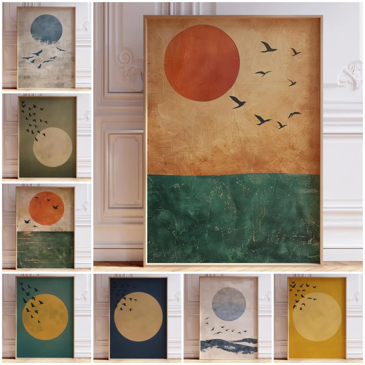 Japanese Wall Art Print Japandi Poster Neutral Minimalist Art Print  Minimalistic Decor Print Orange Sun and Green Sea Scene Art