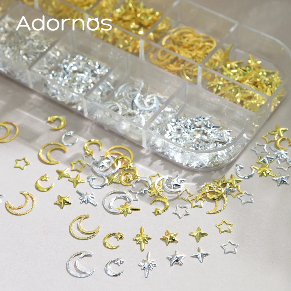 Estrellas doradas y plateadas, Luna, remaches metálicos, accesorios DIY, estrella hueca, Luna, purpurina, decoraciones artísticas para uñas, diseño de dijes de uñas 3D