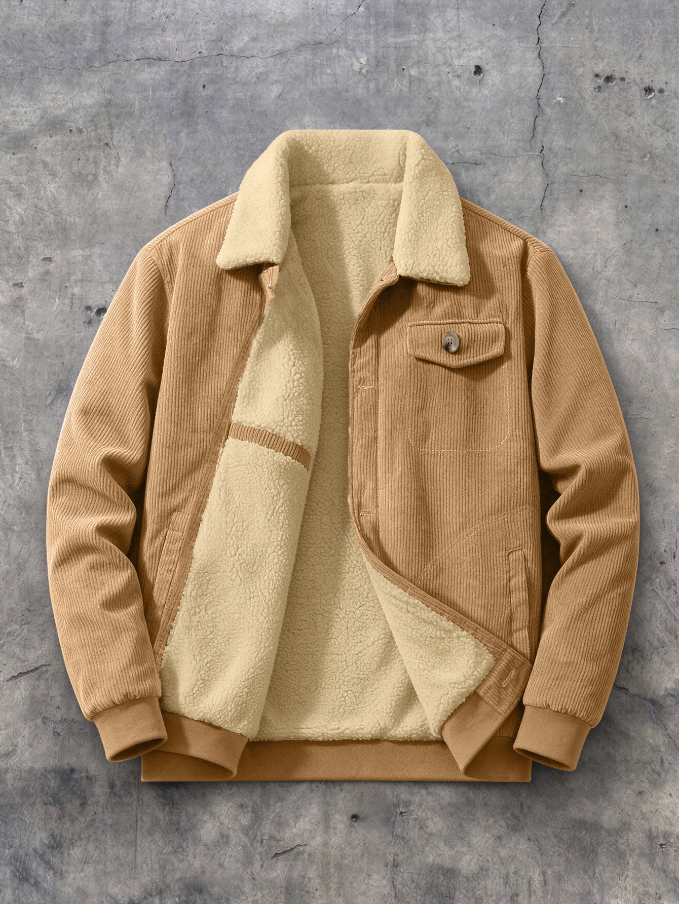 Men Corduroy Jacket Thick Sherpa Lined Warm Lapel Collar Button Down Coat Rib Cuff Vintage Casual Winter Outerwear Khaki