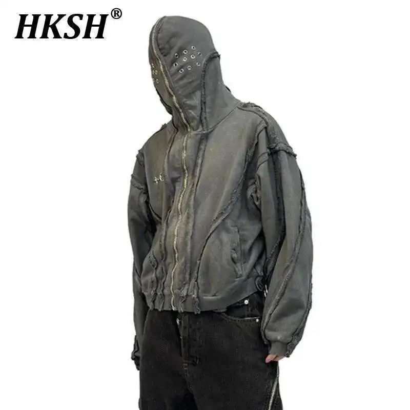

HKSH Autumn New Men's Tide Punk Sweatshirt Deconstruction Streetwear Chic Cardigan High Street Niche Design Masked Hoodie HK2435