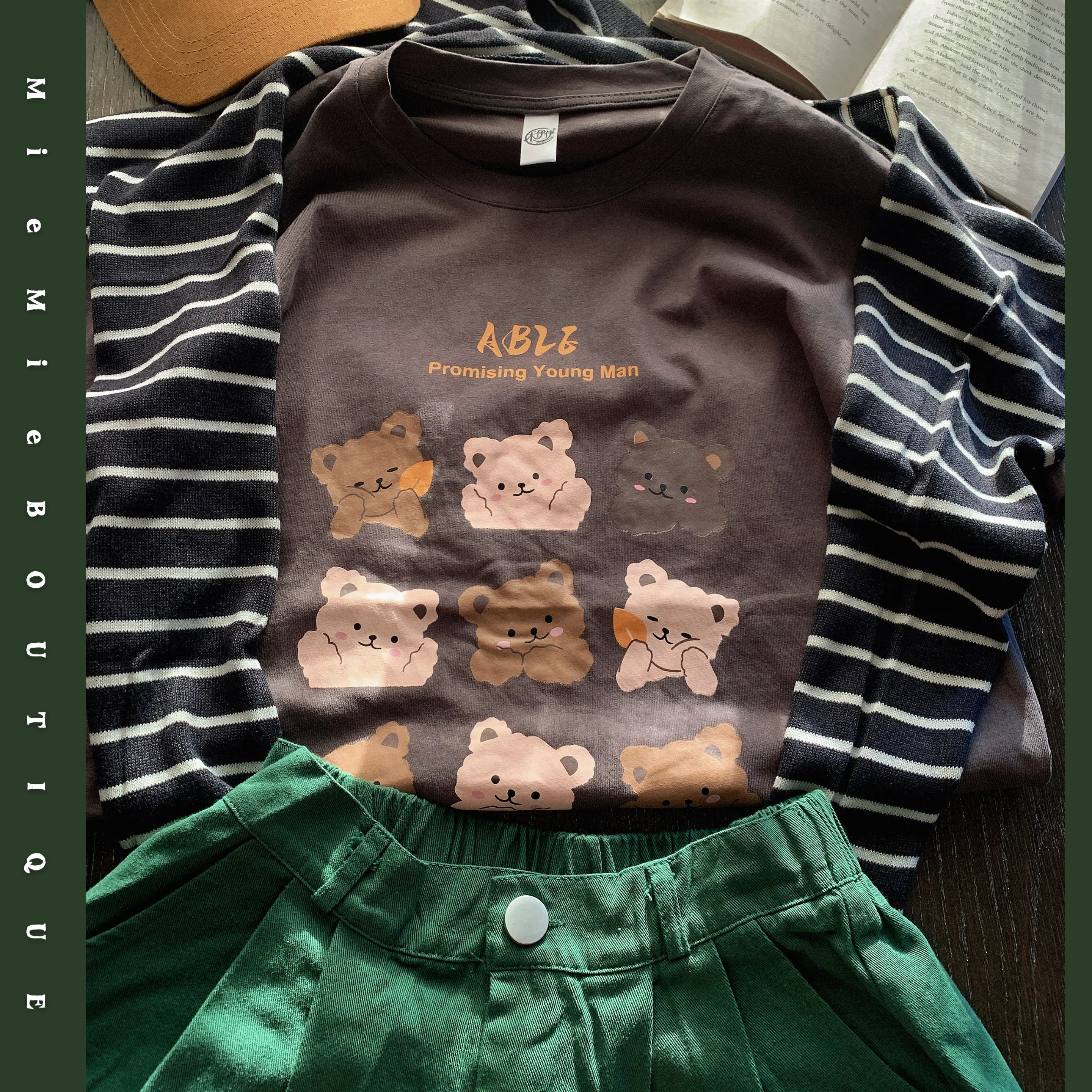 Vintage rond Ne T-shirt pur coton oulder Waed l Original petit ours neuf ids grande tête impression haut décontracté