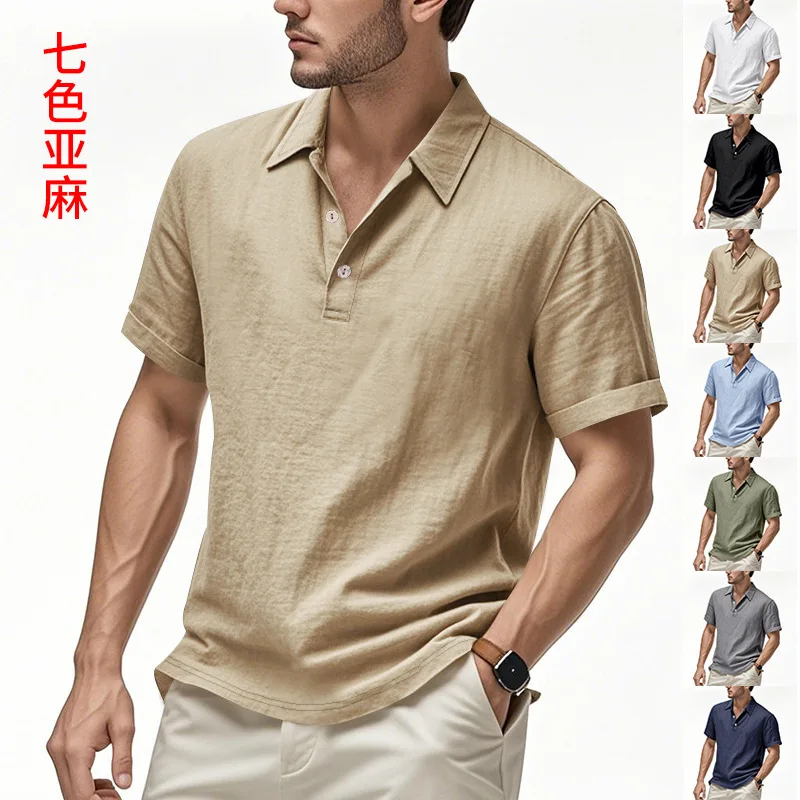 New European And American Cross-Border Summer Men's British Casual Buttoned Loose Linen Turn-Down Collar POLO Short-Sleeved