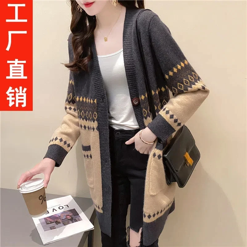 Mid-long Knitting Cardigan For Women Spring And Autumn 2022 new Korean Version Loose And Sweater Coat Print Jacket Pocket Coat