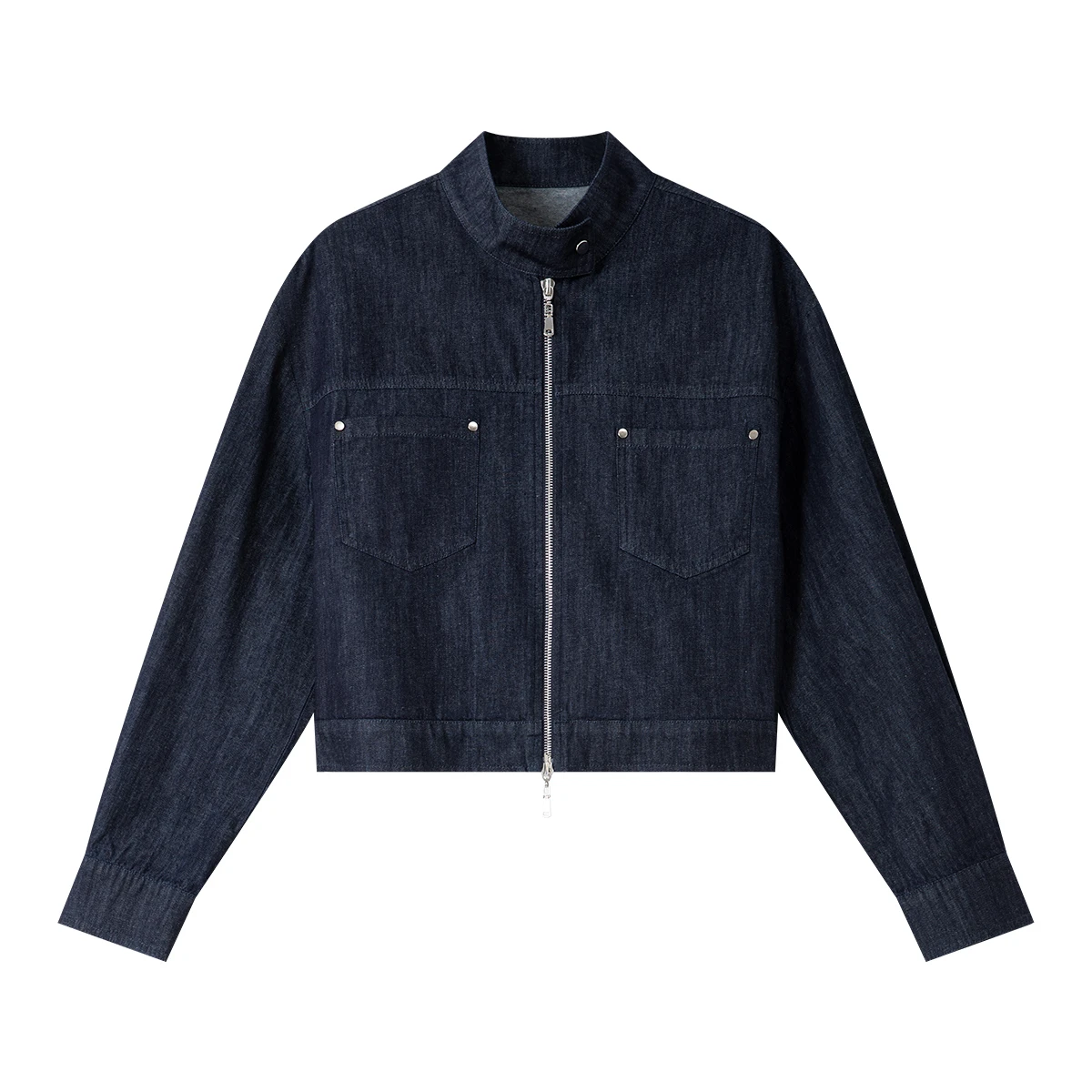 VIMLY Blue Denim Jackets Women Stand-up Collar Short Jeans Jacket Ladies 2025 Spring Autumn Zipper Loose Outerwear Woman A0616