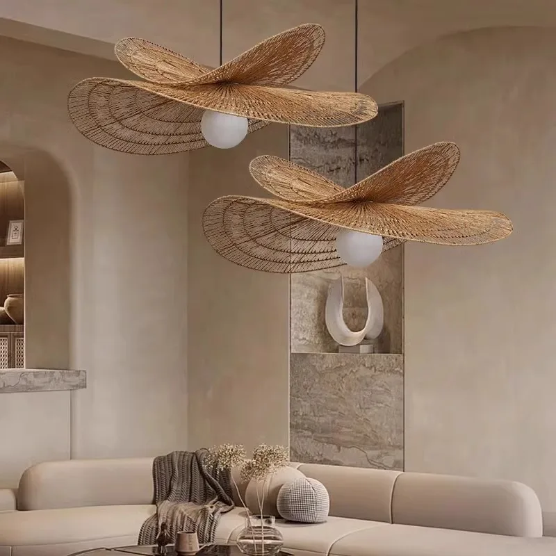

Wabi-Sabi Style Pendant Lights For Bedroom Living Room Tea Room Rattan Handmade Woven Lamp Restaurant Home Decor Chandeliers