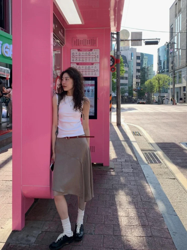 American Retro White Vest Women's Summer Design Asymmetrical Split f Skirt round Ne Two-Piece Set Faionable Casual Wear