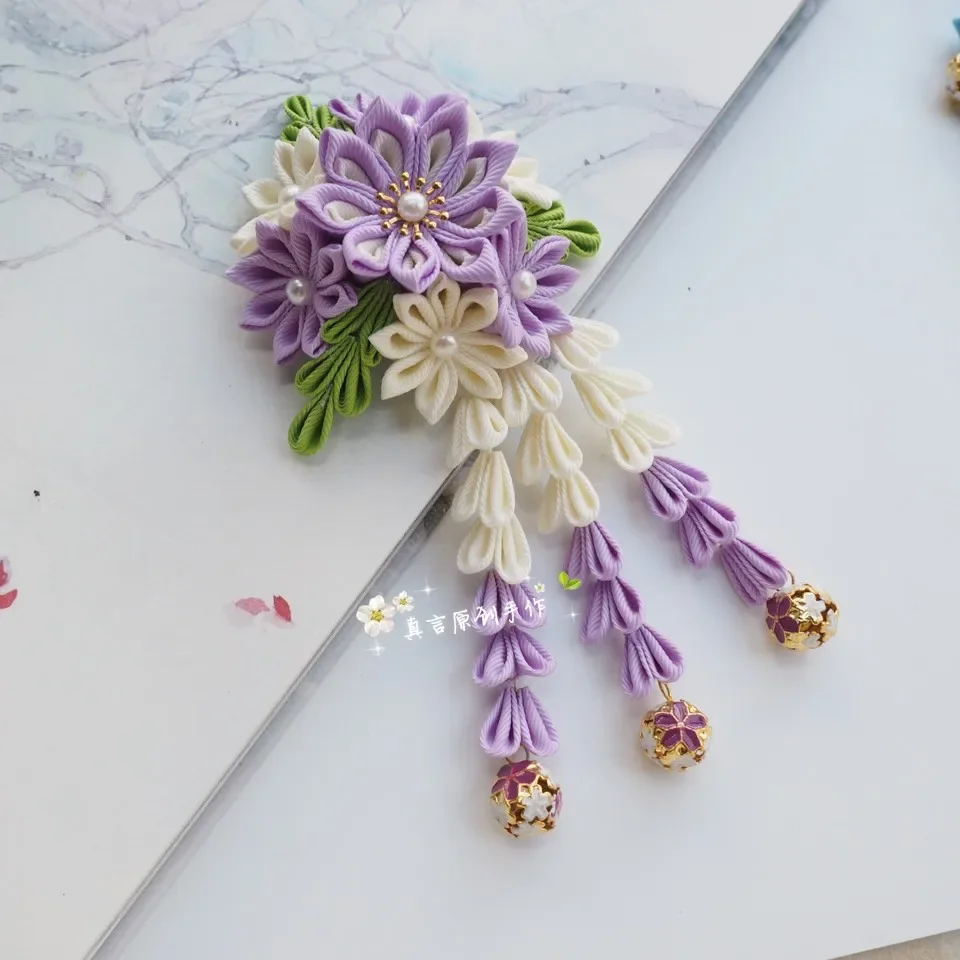 Handmade ชุดกิโมโนเครื่องประดับสไตล์ญี่ปุ่นซากุระ Hairpin Yukata Hanfu ภาพอุปกรณ์เสริมผมคอสเพลย์ Bell Tassels คลิปด้านข้าง