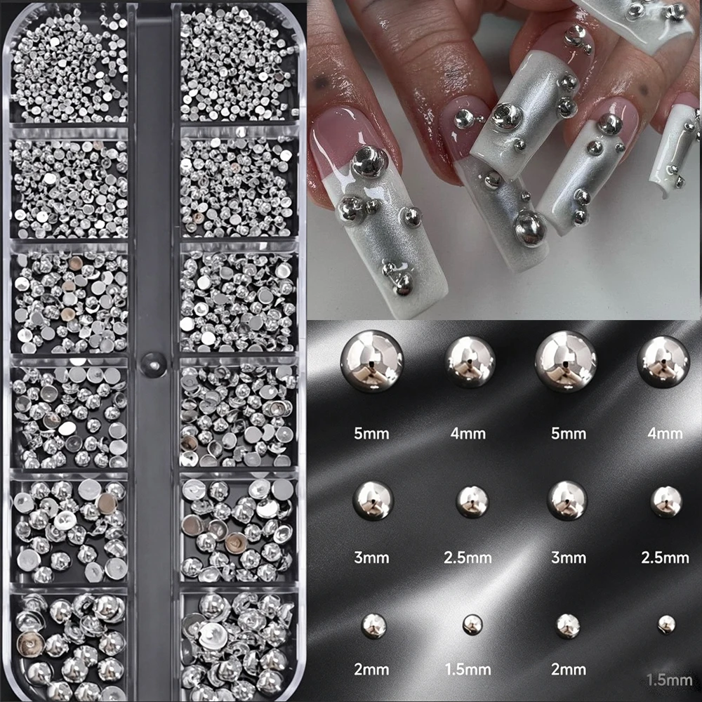 12 Grids Half Round Silver, Metal Pearl Nail Charms, 1.5mm-5mm Multi-Size Flat Back Decors For Punk Style Nail Arts Manicure DIY