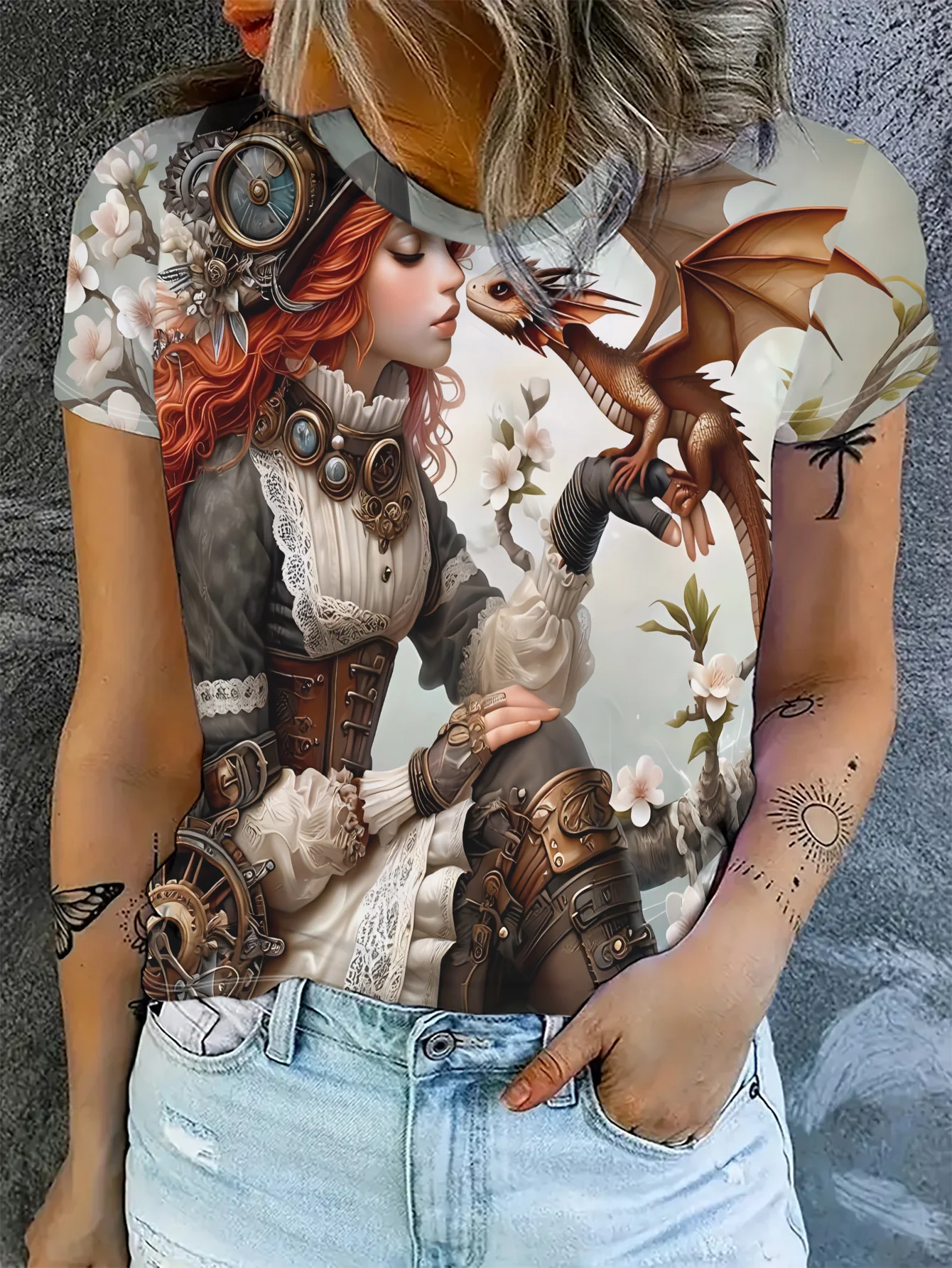 Women Crew Neck Short Sleeve T‑Shirt, Steampunk Girl With Baby Dragon Floral Fantasy Art Graphic Casual Tee