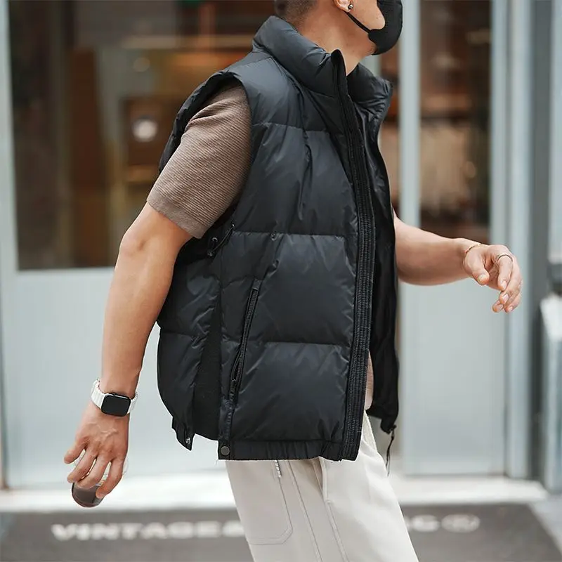 Hong Kong style trendy sleeveless down vest with zipper splicing design duck down American style warm and cold-proof jacket