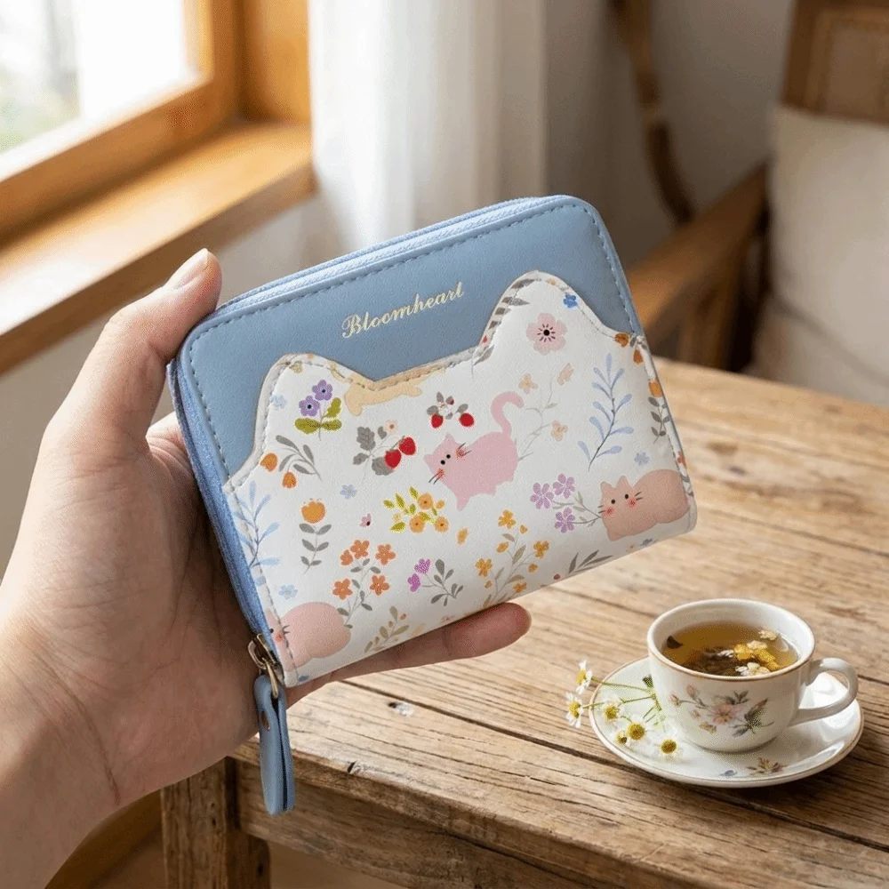 Sweet Cartoon Cat Floral Print Wallet Zipper Closure PU Leather Short Wallet Multi Card Slots Slim Coin Purse Handheld