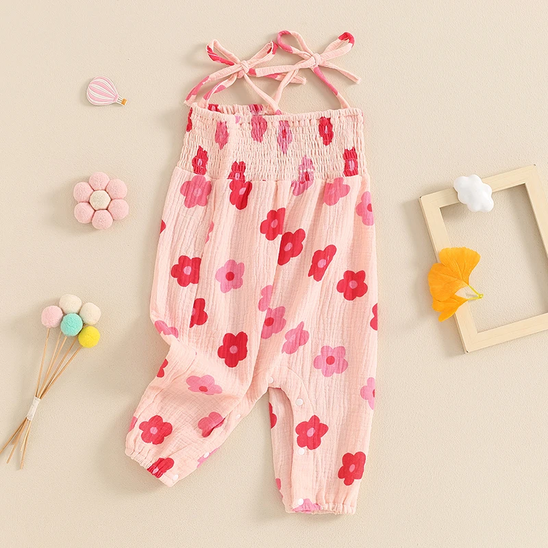 Baby Girl Romper Flower Print Shirred Square Neck Tie-Up Spaghetti Straps Jumpsuit Toddler Summer Overalls