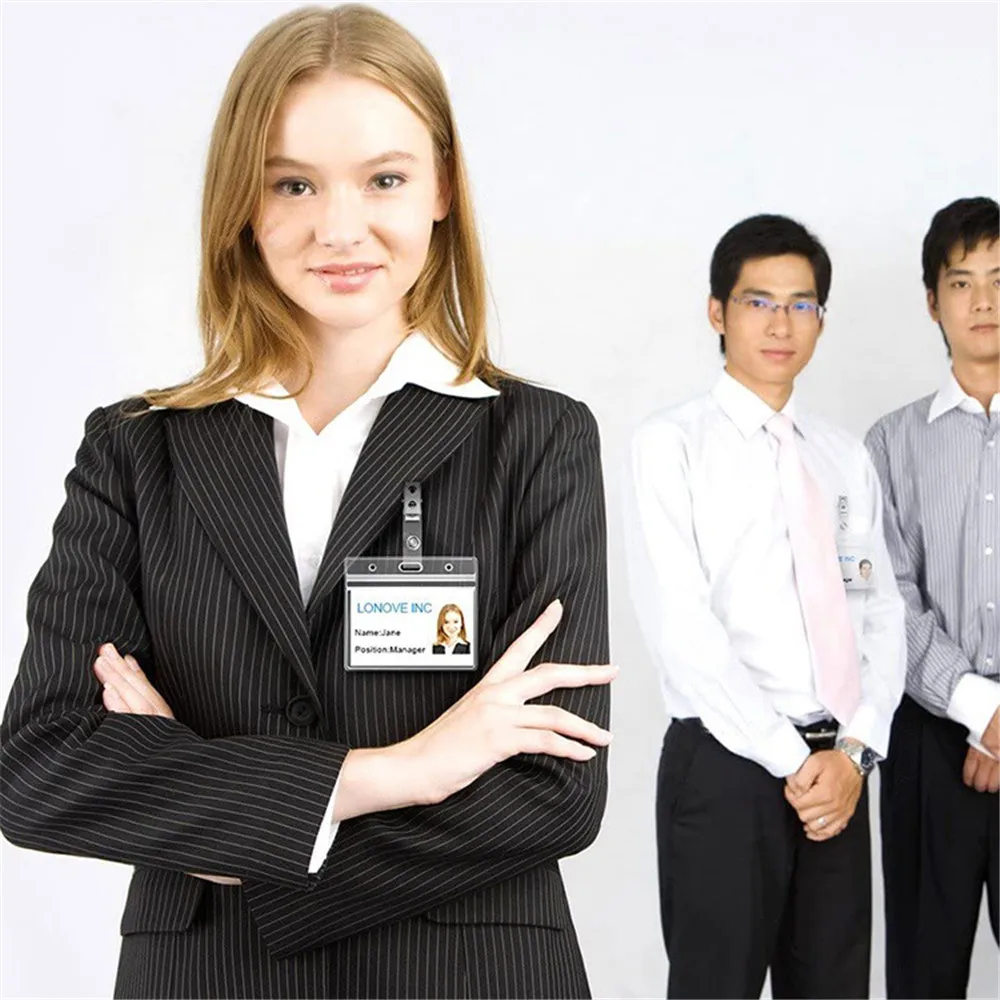 Horizontal And Vertical Card Holder Rotatable PVC Transparent ID Card Double Hole Clip Document Card Storage Protective Cover