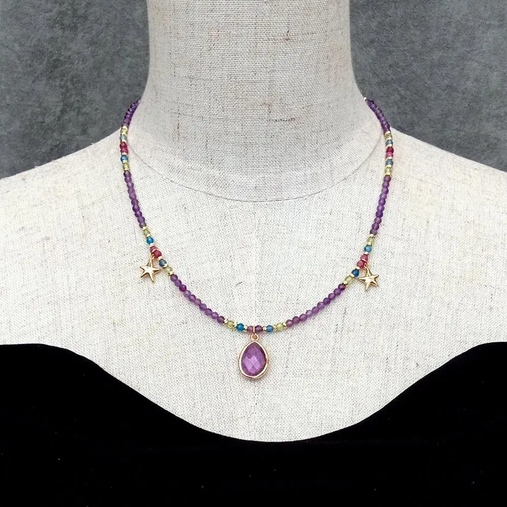 KKGEM3mm 작은 페르시 마노 루비 페리도트 초커 12x15mm 보라색 자수정 펜던트 참 목걸이 천연석 쥬얼리