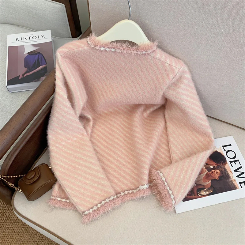 Jaket mantel rumbai wanita, elegan bulu imitasi kotak-kotak leher V lengan panjang kasual longgar saku rajutan Sweater Pink