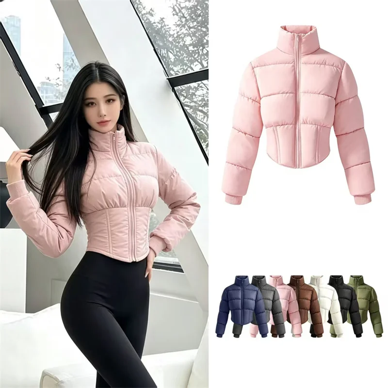 Guobioziy Women's Jacket 2026 Fall/Winter New Style Solid Color Long Sleeve European and American Stand Collar Slim Warm Cotton