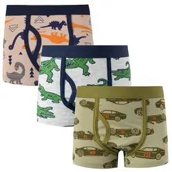 3pcs Toddler Kid Boys Underwear Soft Breathable Cartoon Dinosaur Fire Truck Pattern Comfy Boxers Briefs - Kids Fashion