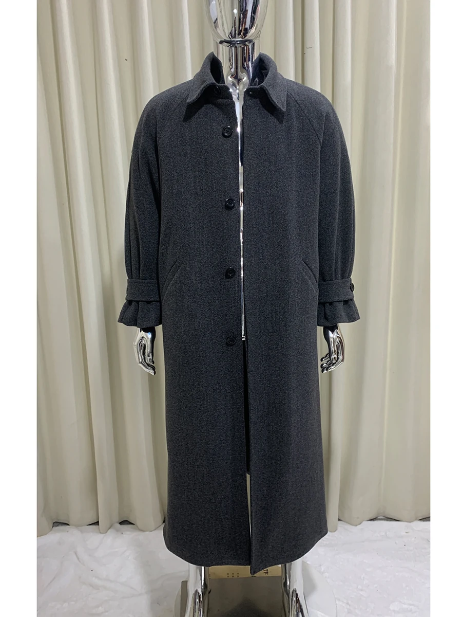 

Autumn Winter Long Warm Grey Woolen Coat Men Turn-Down Collar Single Breasted Elegant Luxury Chic Wool Blends Overcoat 2025