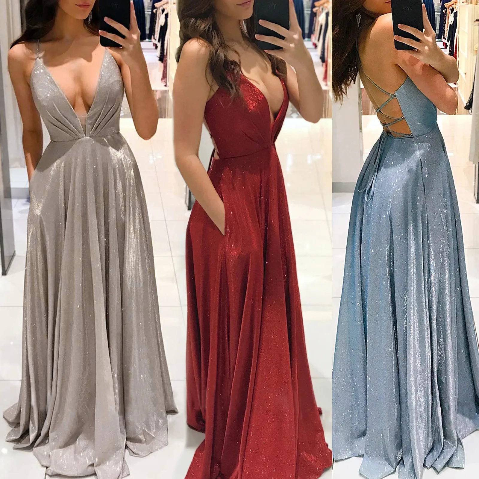 Vestido largo de lentejuelas con cuello en V para mujer, maxivestido de arrastre sin mangas para mujer, fiesta de noche elegantes para Vestidos formales, baile de graduación, Vestidos de Gala