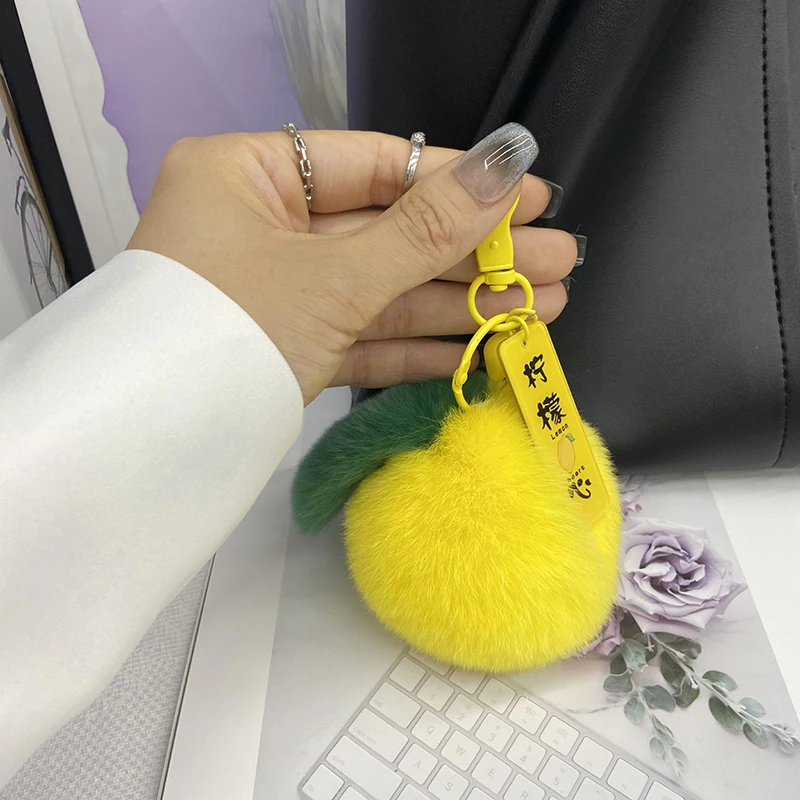 New Lemon Keychain Accessories 100% Natural Rex Rabbit Hair Pendants Ladies Plush Bag Pendants Men\'s Cars Cute Wome Key Holder