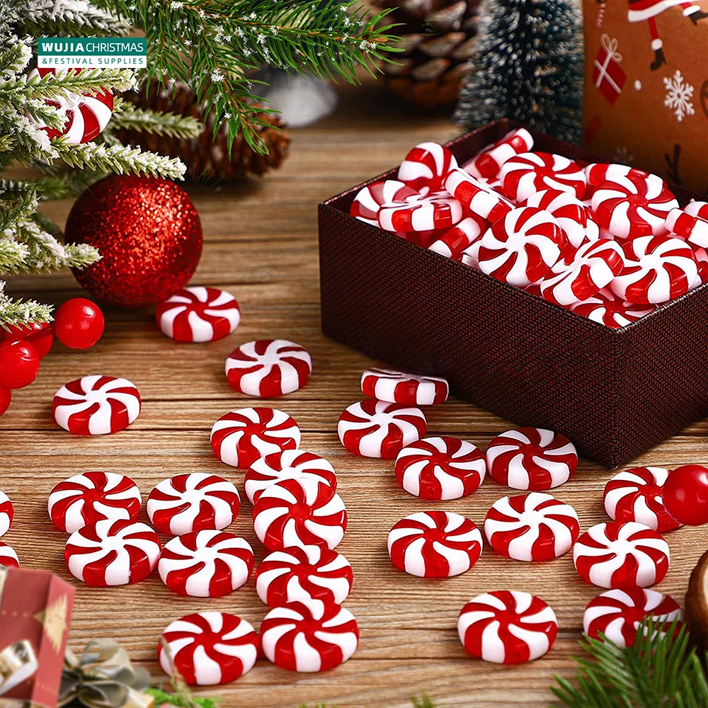 50pcs New Year Acrylic Candy DIY Xmas Tree Hanging Christmas Simulation Candies Peppermint Ornaments Sweets Drop Pendants Gifts
