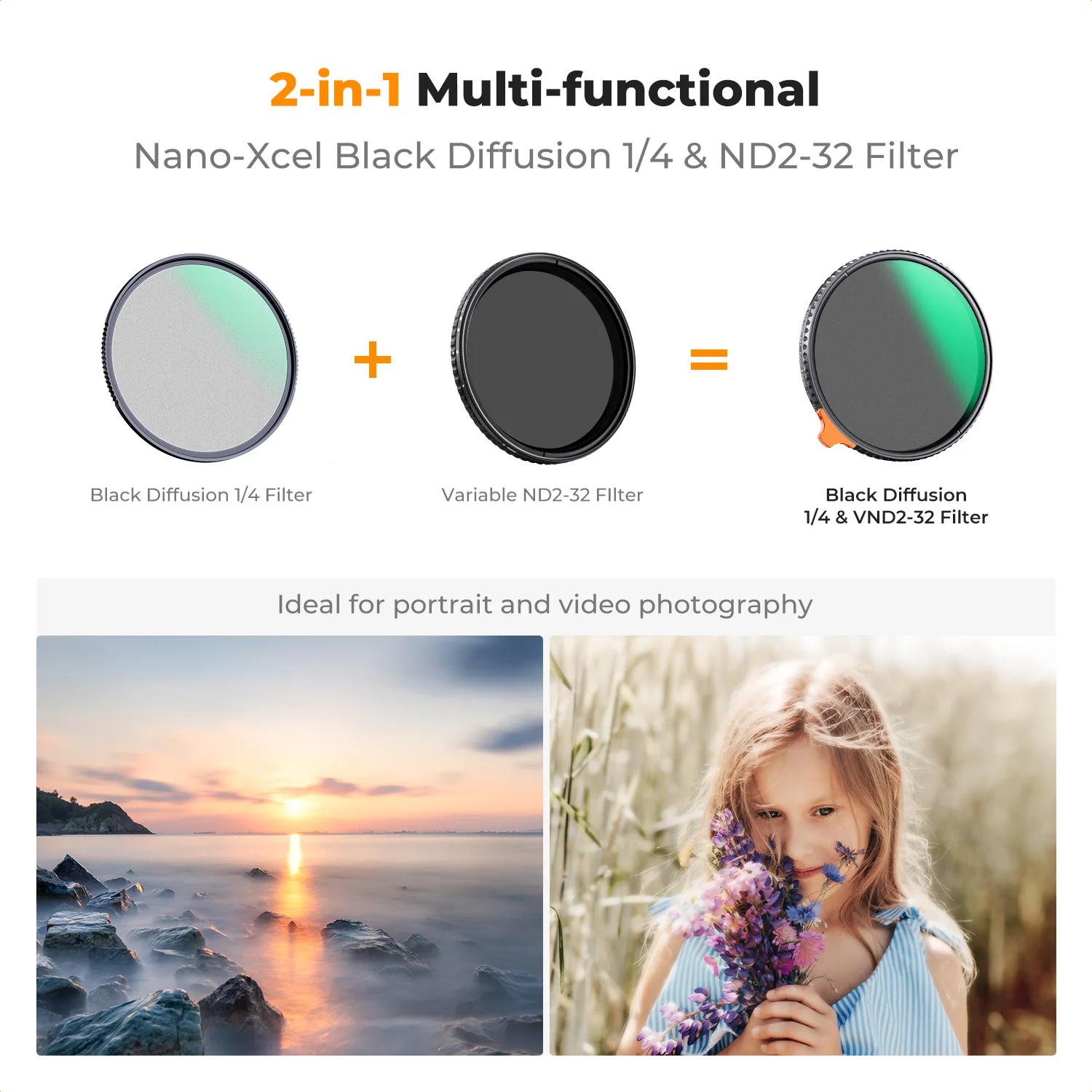 K&F Concept Nano-X 2in1 متغير ND2-ND32+1/4 مرشح ضباب أسود 49/52/55/58/62/67/72/77/82 مللي متر HD 28 طلاء متعدد الطبقات