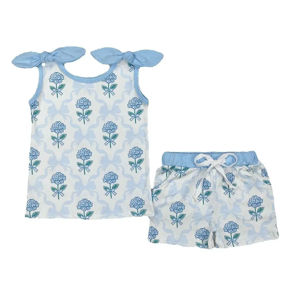 

3.10 Blue Floral Leaf Butterfly Knot Pattern Girls Sleeveless Shorts Set Children's Clothing Kids' Outfits Floral Print Shorties