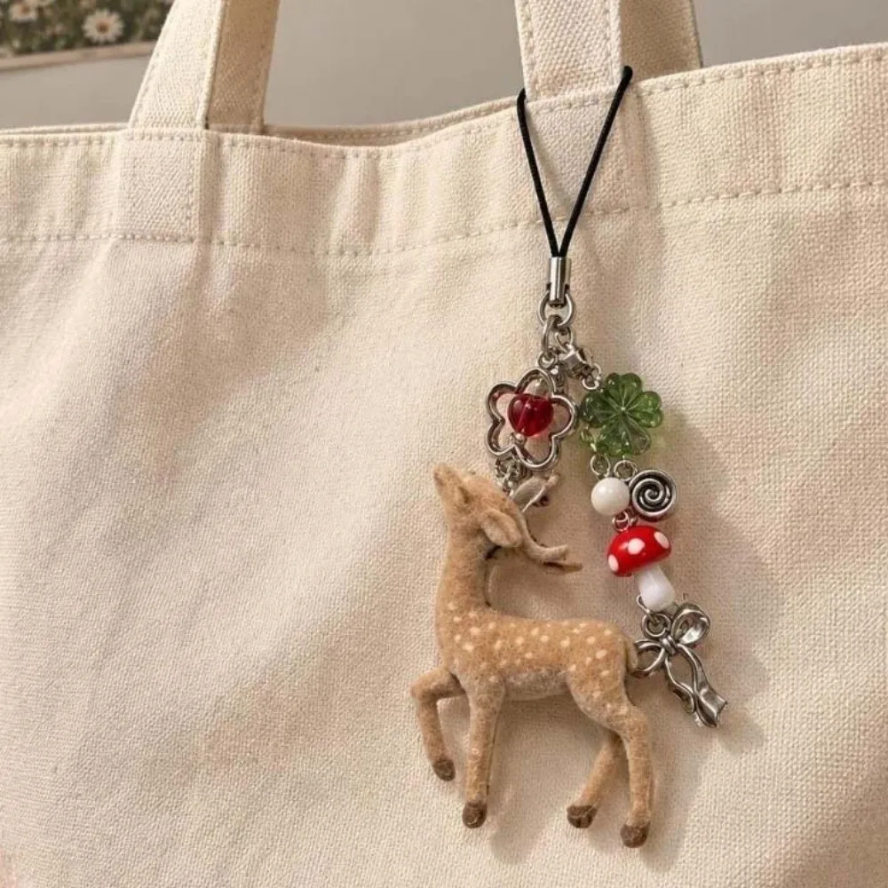 Fawn Backpack Decor Flocked Deer Key Chain Floral Handmade Animal Bag Charm Lightweight Miniature Beaded Key Ring Wallet