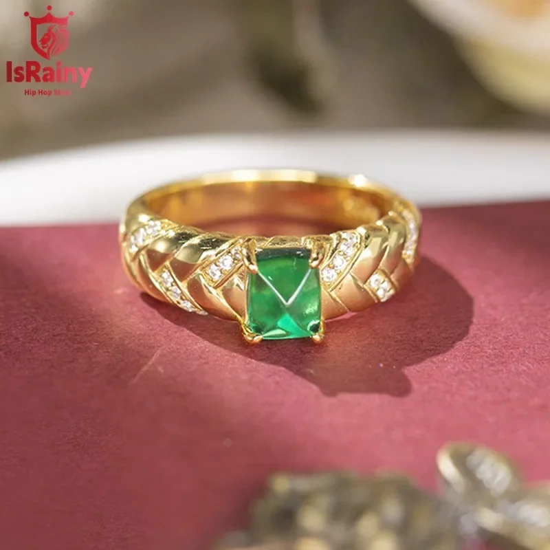 

IsRainy 5*6MM Green Sugar Tower High Carbon Diamond Gemstone Vintage Ring 18K Gold Plated 925 Sterling Silver Fine Jewelry