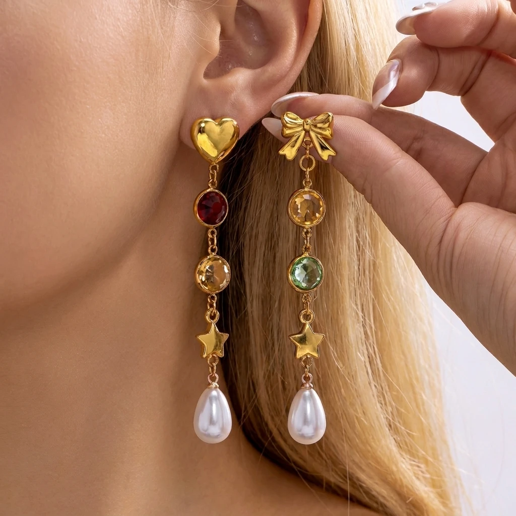 Edelstahl Sonne-Mond Asymmetrische Quasten-Ohrringe für Frauen Bunte Zirkonia Lange Hängeohrringe Party Alltags-Schmuck – Detail 2