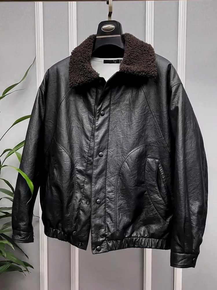 

Men's Winter PU Leather Jaet New Arrival Fce Lined Warmth Collar Faionable Versatile High-End Feel Good Fit Stand