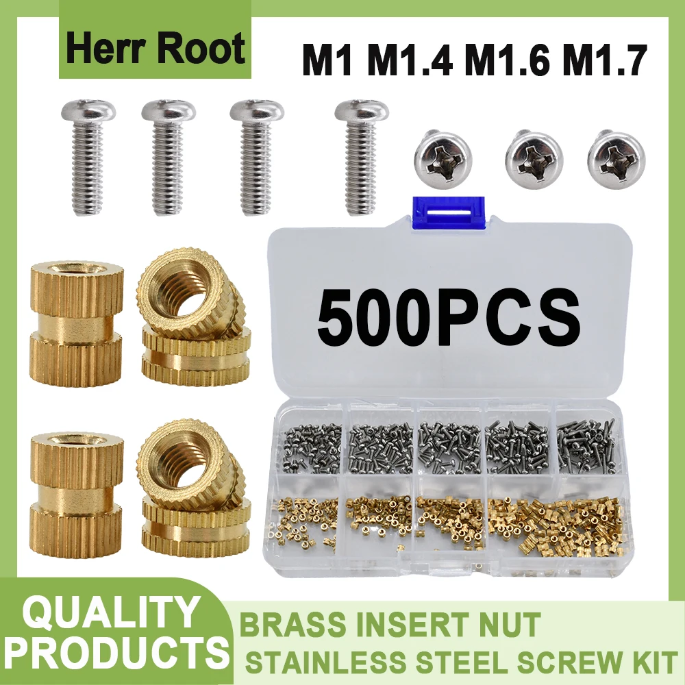 M1 M1.4 M1.6 M1.7 Brass Hot Melt Knurled Insert Nuts and Screw Set Threaded Embedded Copper Nut Bolt Kit for 3D Printer 500 Pcs
